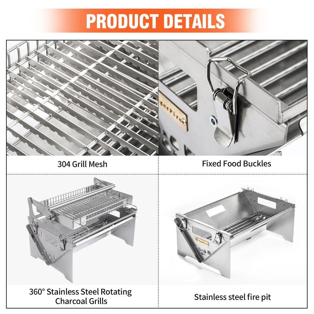 Flip Grill 360 °   Churrasqueira Rotativa, Grelha Manual com Sistema de Empurrar e Puxar para Grelhar com Carvão, Ideal para Acampamentos e Piqueniques ao Ar Livre
