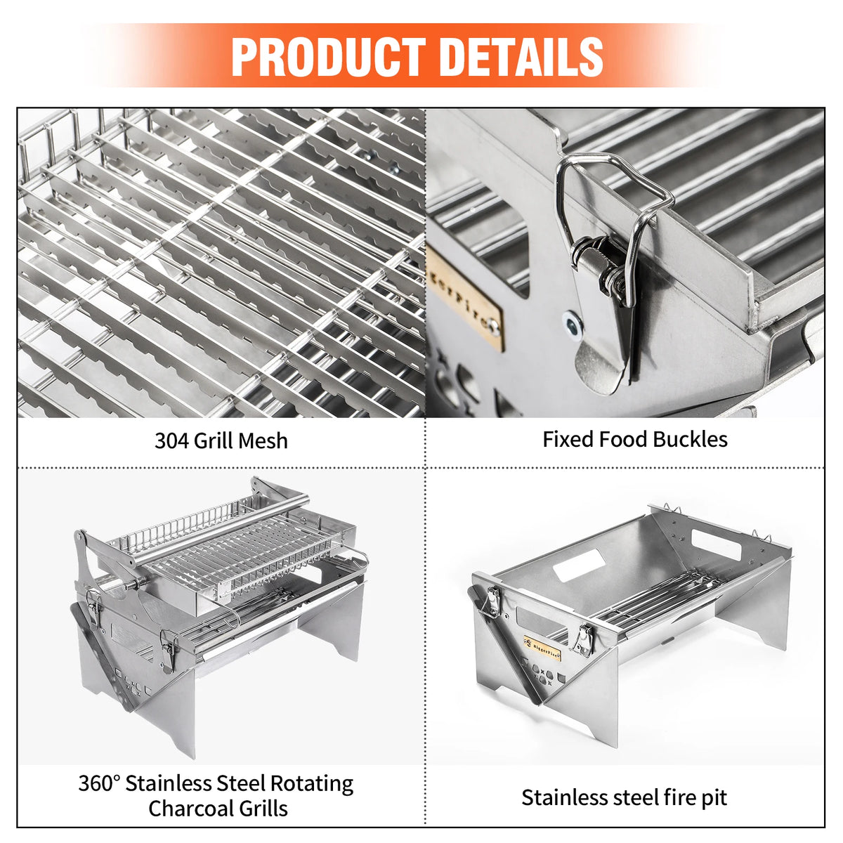 Flip Grill 360 °   Churrasqueira Rotativa, Grelha Manual com Sistema de Empurrar e Puxar para Grelhar com Carvão, Ideal para Acampamentos e Piqueniques ao Ar Livre