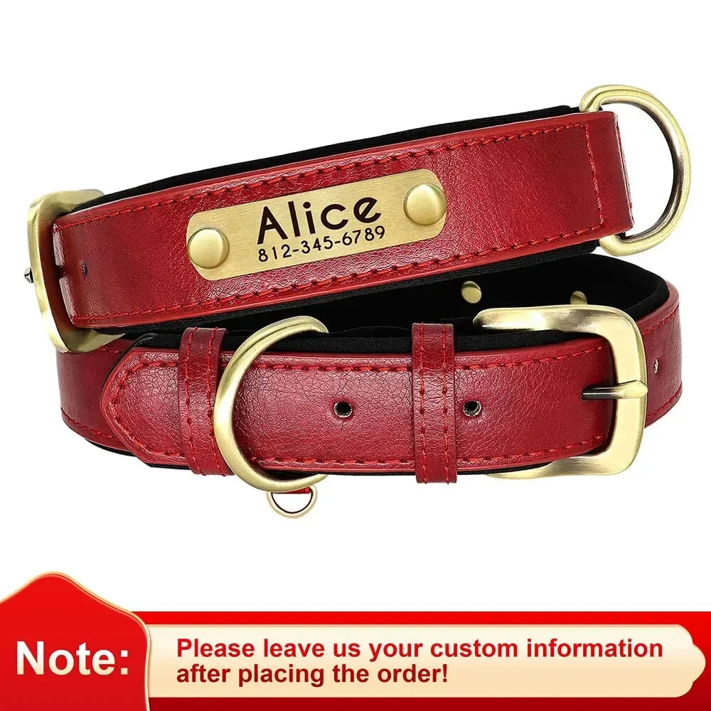 Coleira de Cão Personalizada em Couro com Placa de Identificação, Almofadada e Macia, Gravação Gratuita do Nome para Cães Pequenos, Médios e Grandes