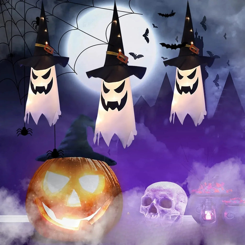 Lanternas de Chapéu de Bruxa Brilhantes para Halloween, Decoração Suspensa para Jardim, Varanda, Quarto, Ambientes Internos e Externos, Adereços para Festas de Feriado