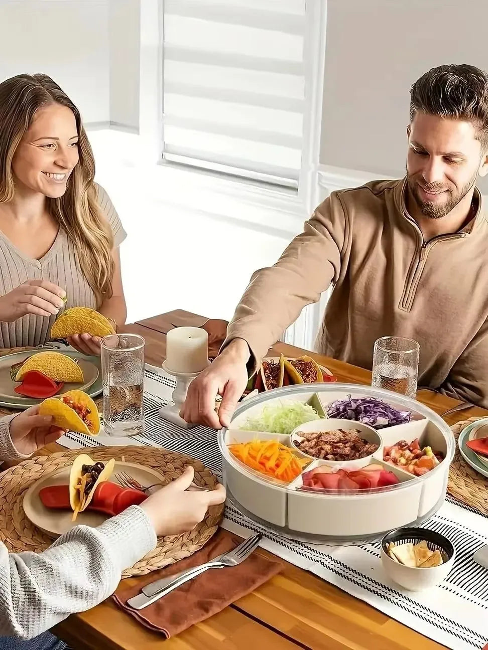 Bandeja giratória para petiscos, com alça e tampa, organizador transparente com compartimentos para guardar frutas, legumes e petiscos para festas.