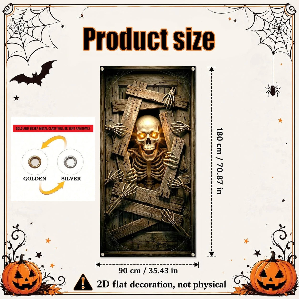 Banner de Porta de Esqueleto com Olhos Brilhantes para Halloween, Decoração Assustadora de Porta de Madeira Quebrada, Decoração Suspensa para Festa Interna e Externa