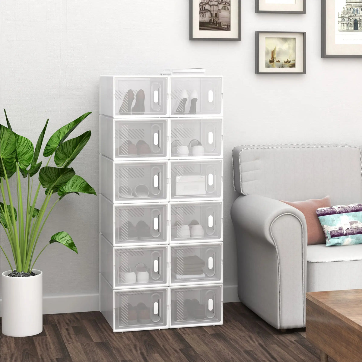 WOLTU 8/12/18PCS Caixas de sapato empilháveis Modular DIY Sapateira Cubos de sapato dobráveis de plástico transparente para corredor sala de estar