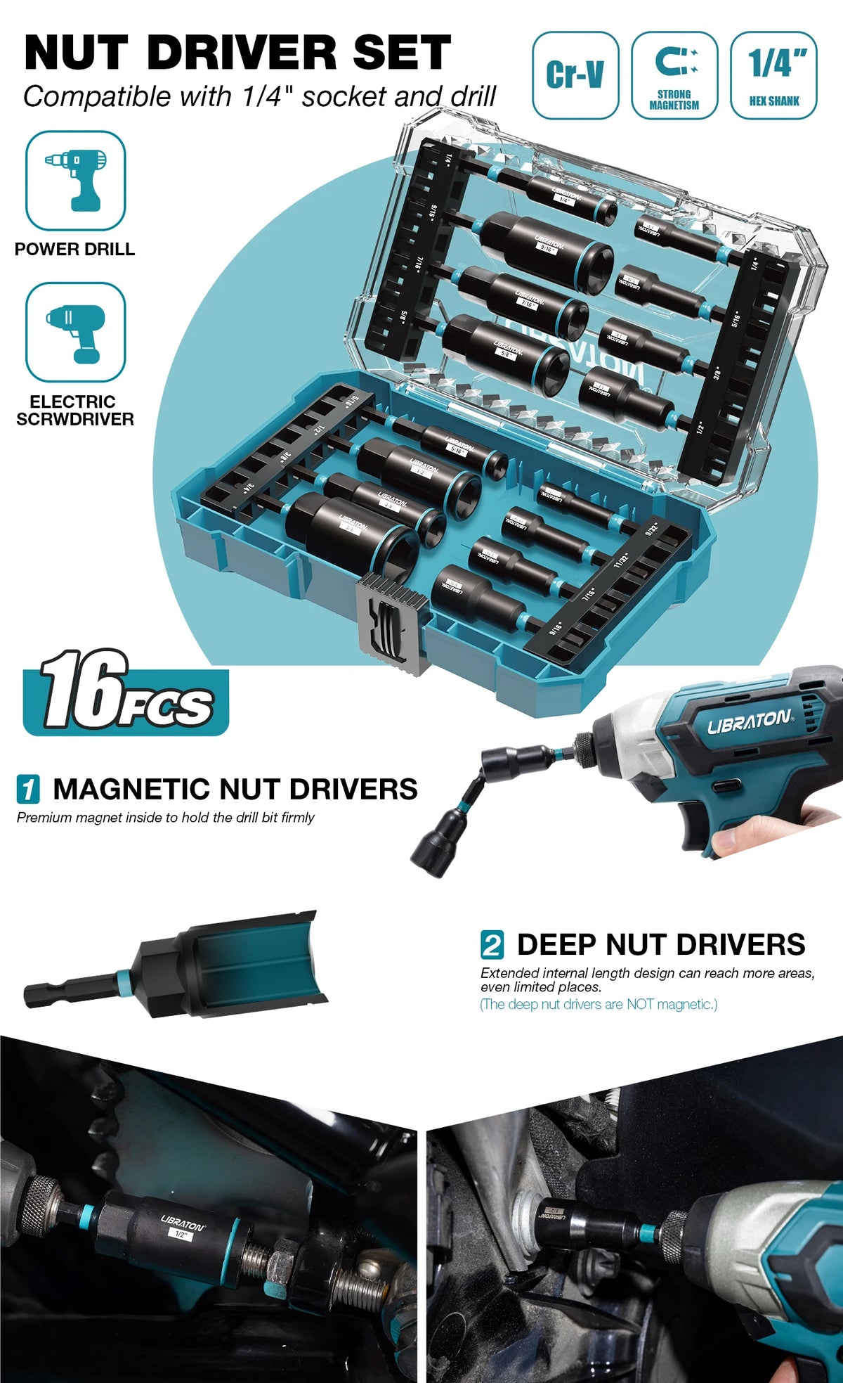 16x conjunto de driver de porca magnética sae driver de porca para broca de impacto conjunto de driver de porca profunda conjunto de bits de driver de impacto com caixa de ferramentas para reparo de carro