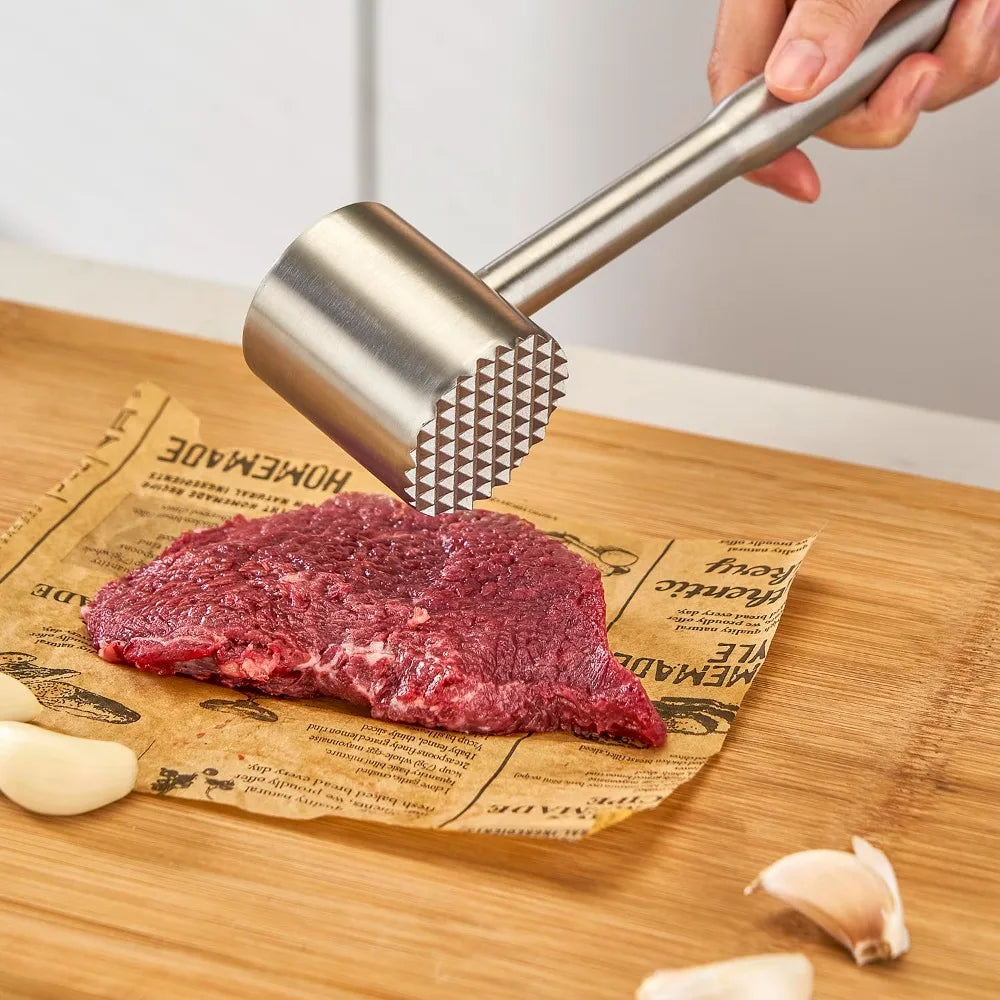 Martelo amaciador de carne em aço inoxidável 304, aperto ergonômico fundido de precisão para amaciamento de carne doméstica e ferramenta de amaciamento de bife