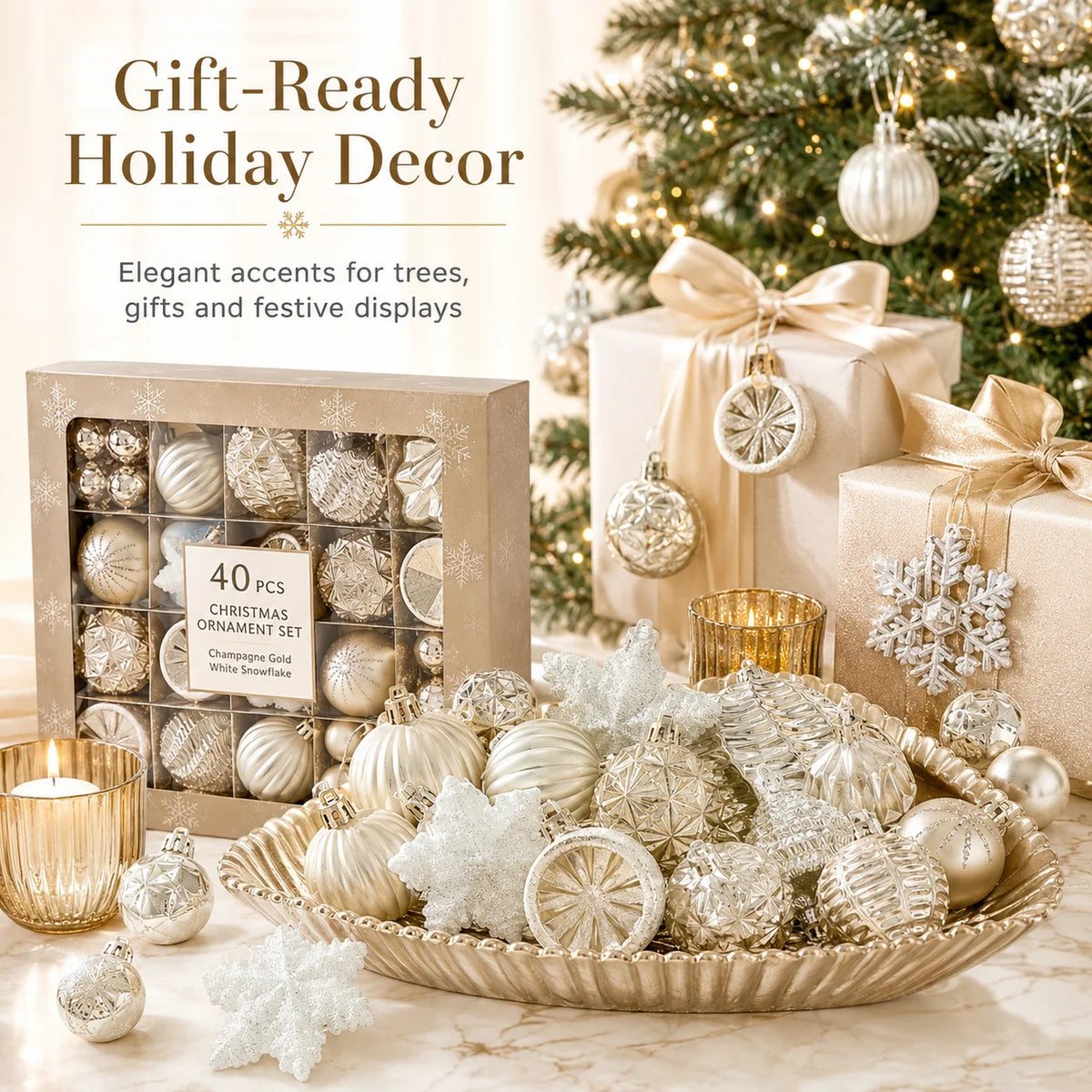Conjunto de 40 Decorações de Natal em Ouro Champanhe e Branco, Decorações para Árvore de Natal, Adequado para Casamentos e Natal