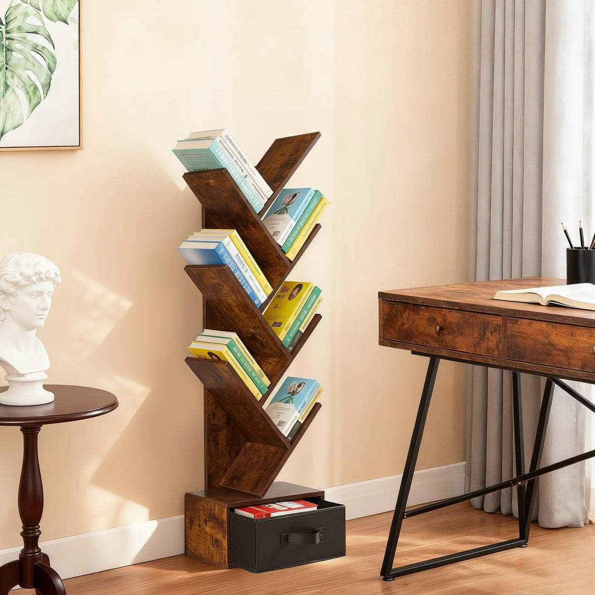 MCQ 7-Tier Tree Bookshelf with Drawer 43IN Wooden Narrow Slim Corner Bookshelf for Small Spaces Geometric Wooden Book Rack