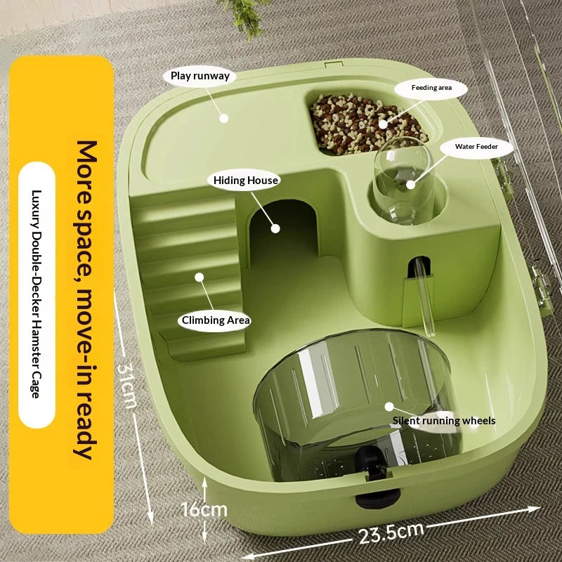 Gaiola de Luxo para Hamster Dourado de Grande Capacidade, Habitat Villa com Plataforma Grande de 2 Camadas, Ninho para Esconderijo, Suprimentos para Pequenos Animais de Estimação