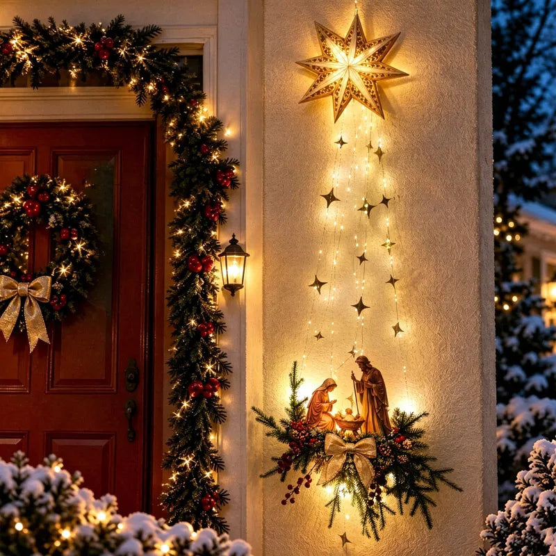 Decoração de parede com cena de nascimento iluminada por LED, ornamento de parede para o Natal, representando o nascimento de Jesus.