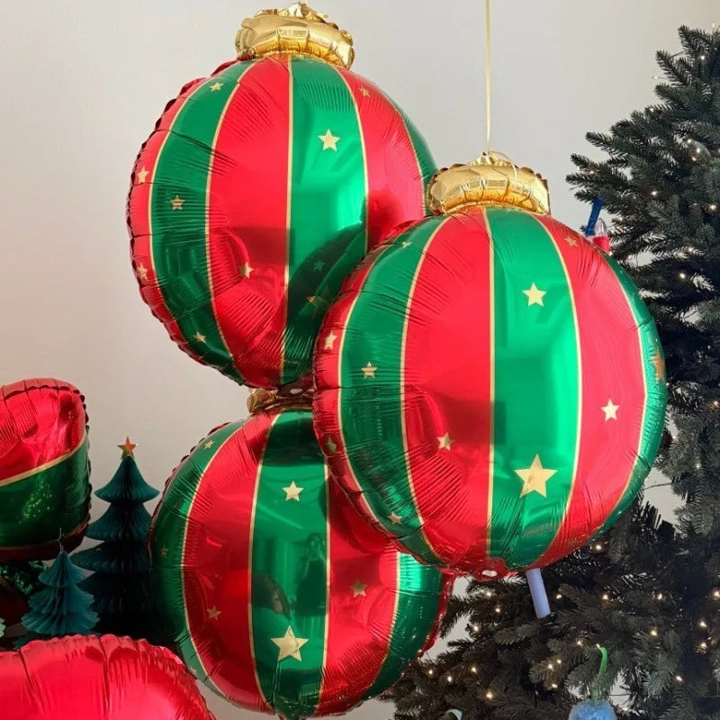 Balão Metalizado de Natal em Forma de Bola, Balões Estrela Listrados, Laço Dourado, Decoração para Pendurar na Árvore de Natal, Balões de Feliz Natal