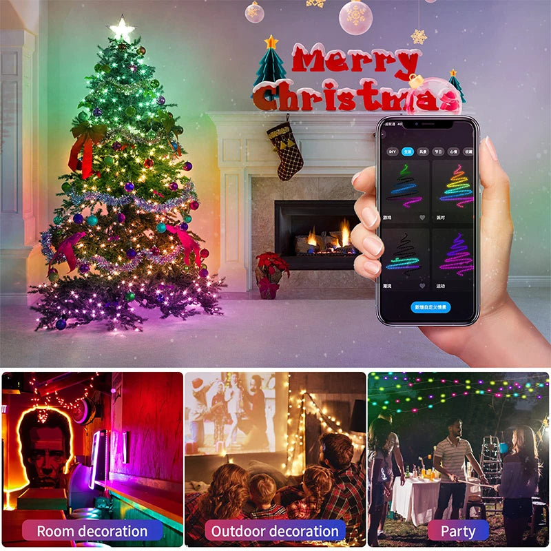 Árvore de Natal ao ar livre e interior String Lights, impermeável Bluetooth Fairy LED String Lights, IP65, WS2812B, 100LED, 10m