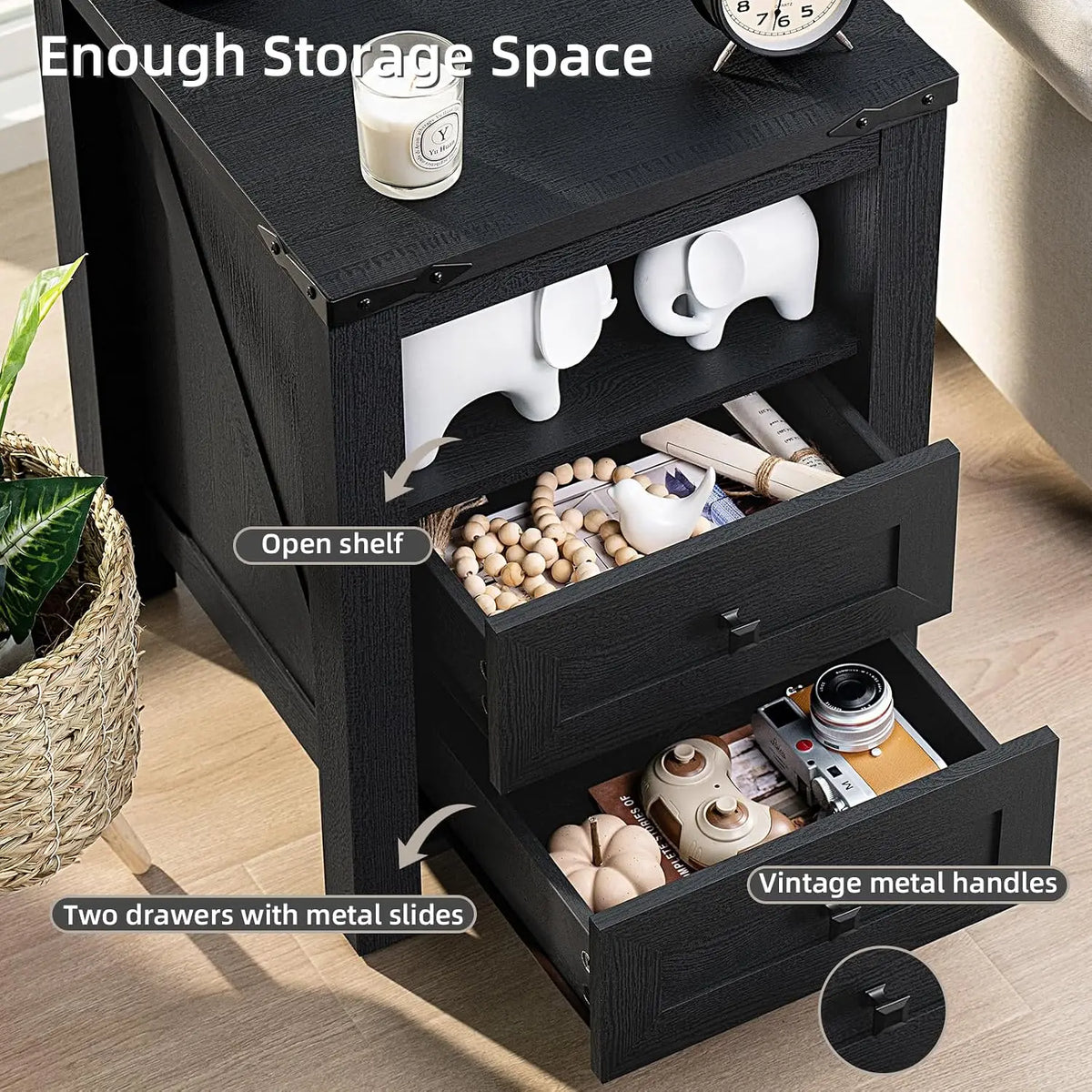 Mesa de cabeceira com estação de carregamento e porta USB, 2 gavetas e prateleira para armazenamento, móveis de quarto em estilo rústico, personalizável.