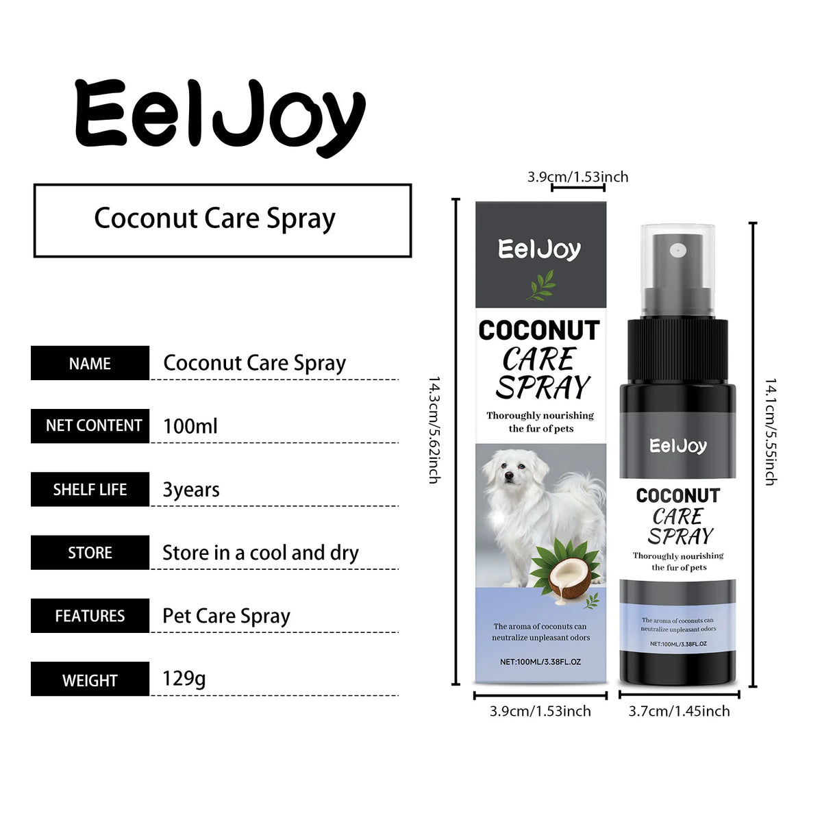 Spray de Cuidado para Animais de Estimação com Coco, Nutre o Pelo, Melhora a Textura do Pelo, Aumenta o Brilho, Elimina Odores, Fragrância Persistente, Spray de Higiene para Animais