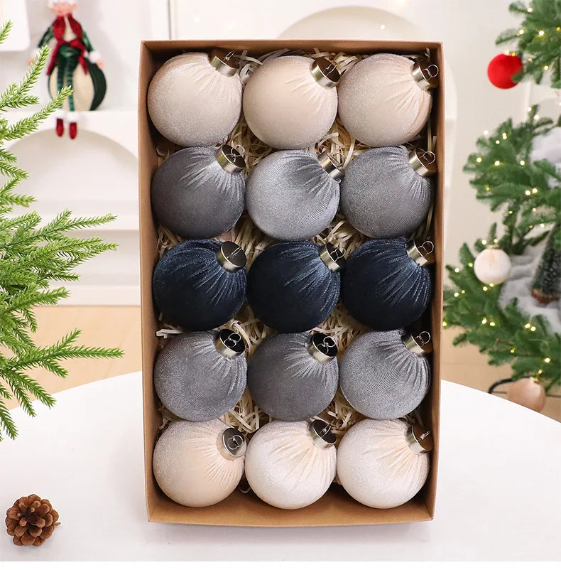 Bolas de Natal de Veludo 8cm 15PCS Enfeites de Natal com Tecido Flocado para Decoração de Árvore de Natal e Festas em Casa
