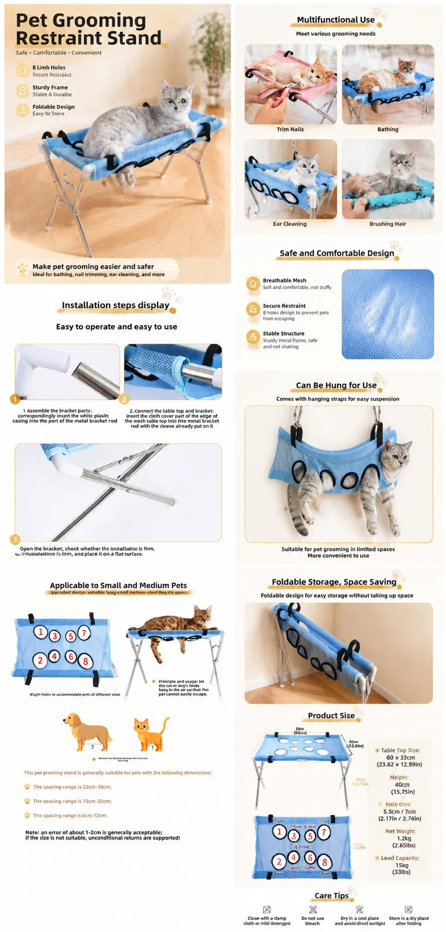 Suporte Portátil Ajustável para Banho e Tosa de Pets - Rede de Contenção Dobrável para Cães e Gatos