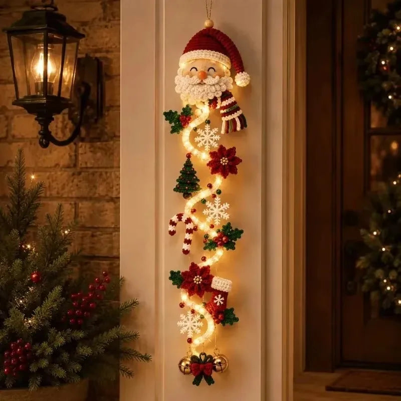 Decoração de Natal, enfeite de porta de Natal com luzes LED, Papai Noel de crochê feito à mão, enfeite de árvore de Natal, sino, decoração para casa, parede, porta, decoração de Ano Novo.