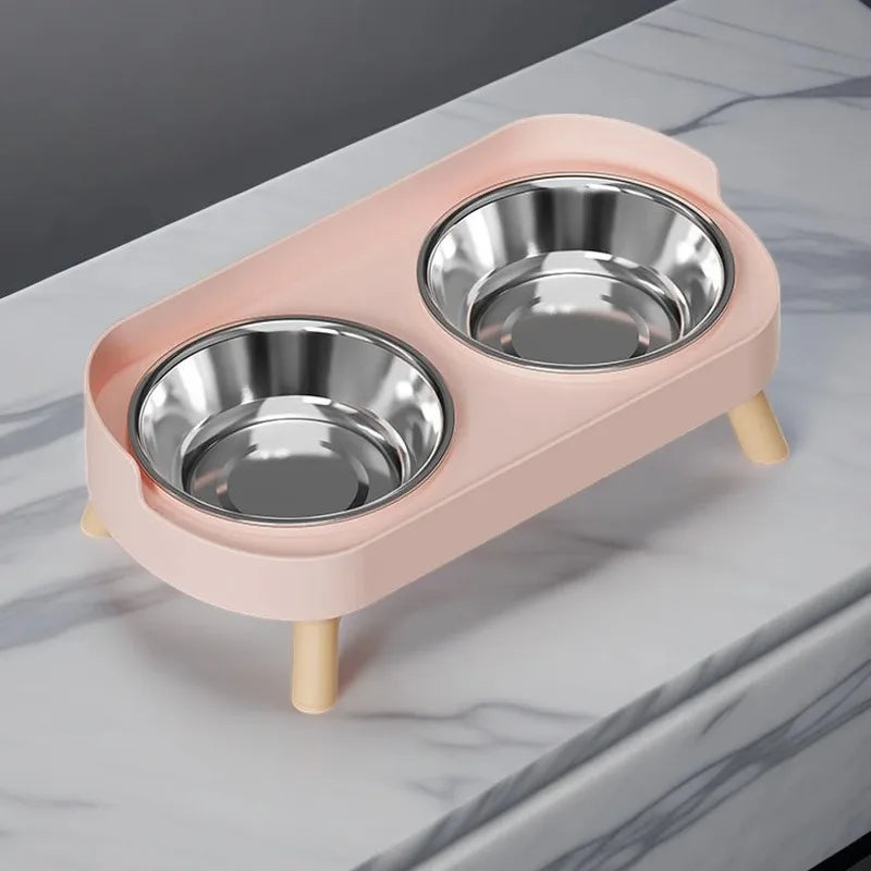 Estação de Alimentação e Bebedouro para Pets com Duas Tigelas de Aço Inoxidável e Suporte para Pescoço para Gatos e Cães
