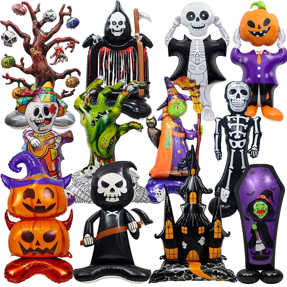 Balão Inflável de Folha de Alumínio para Decoração de Festa de Halloween: Fantasma, Abóbora, Crânio, Casa Assombrada, Lápide e Esqueleto