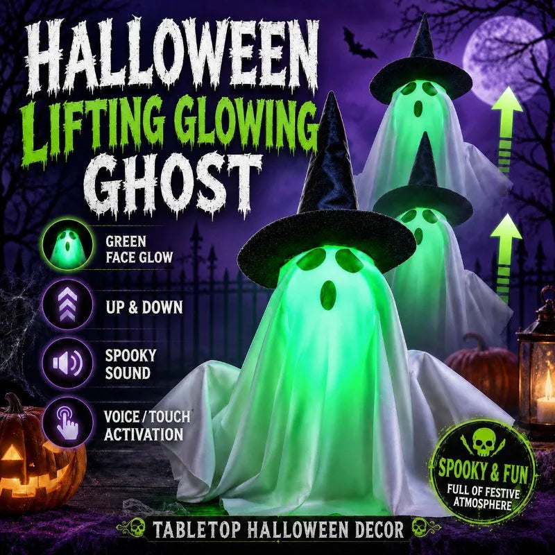 Decoração de Halloween Fantasma Iluminado com Chapéu de Bruxa, Rosto Verde Brilhante com Efeito Sonoro Assustador, Enfeite de Mesa para Festa de Casa Assombrada