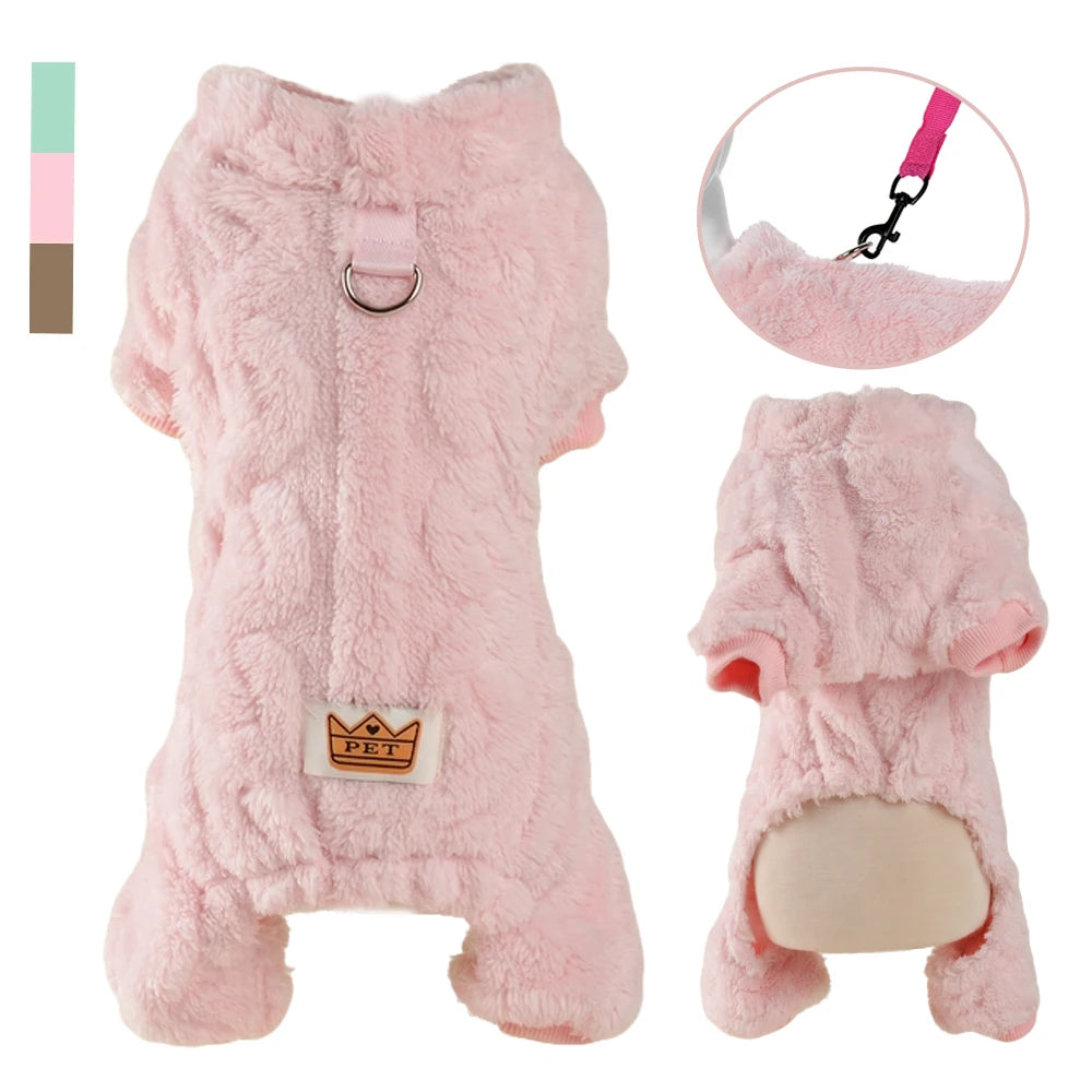 Roupa Quente de Pelúcia para Cães, Macacão de Inverno para Pets, Roupa de Quatro Patas de Lã Macia para Cães Pequenos e Médios, Gatos, Casaco para Filhotes com Anel para Coleira