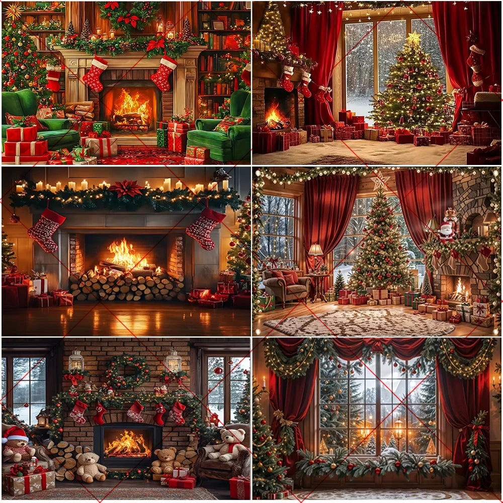 Natal inverno fundo vintage lareira festa decoração crianças photo studio suprimentos árvore de natal lanternas cenário nevado