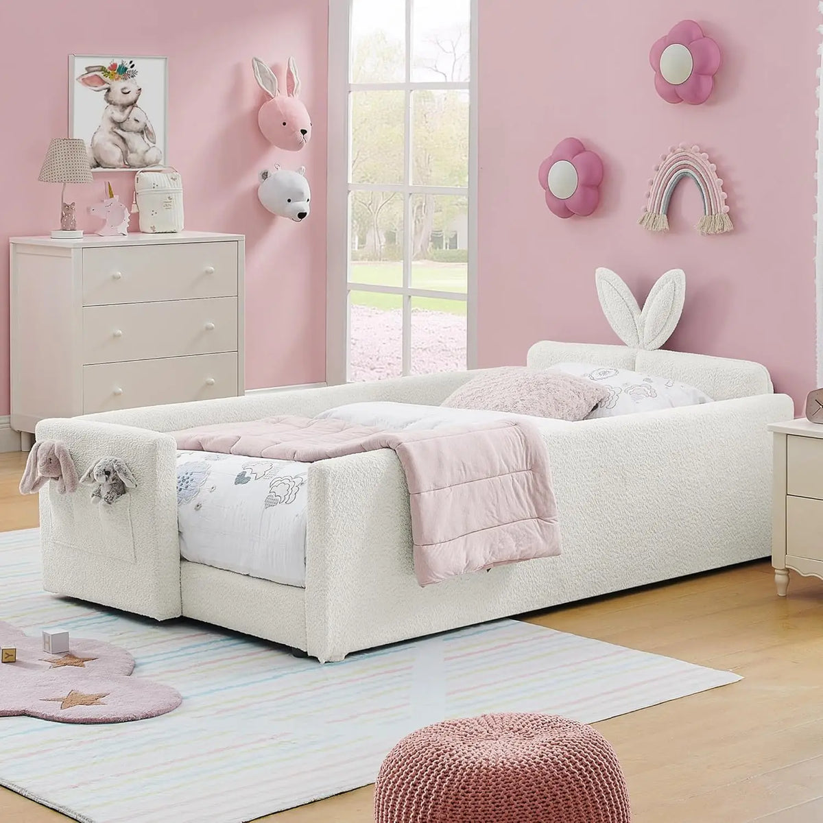 Cama Plataforma Tamanho Twin, Cabeceira Estofada Boucle com Orelhas de Coelho, com Bolso e Grade de Proteção para Quarto Infantil, Bege, Personalizada