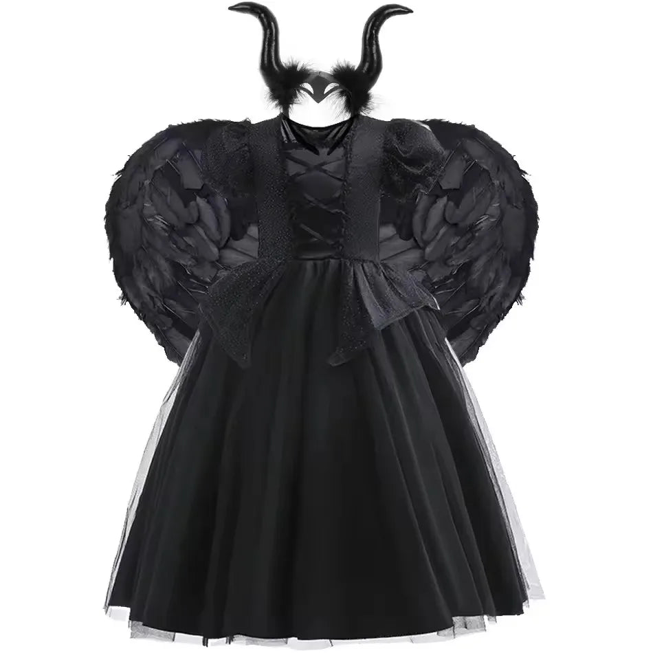 Traje de halloween para crianças vestido de bruxa preta com asas lantejoulas mal rpg traje malévola vestir-se roupa fantasma noiva