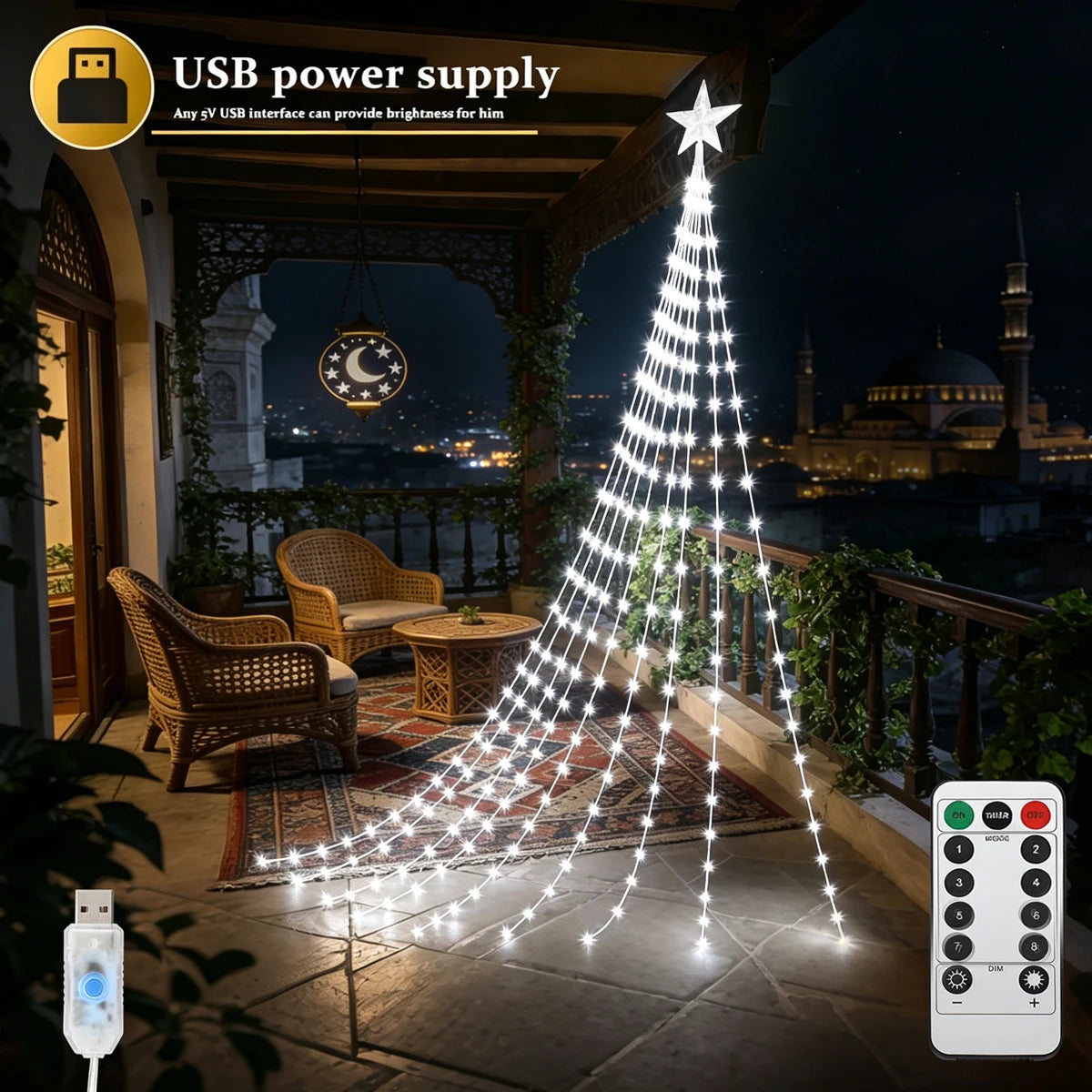 Luzes de Natal 203LED/282LED com 8 Modos, Luzes de Fada à Prova d'Água USB para Decorações de Interiores, Exteriores, Jardins, Casamentos e Festas