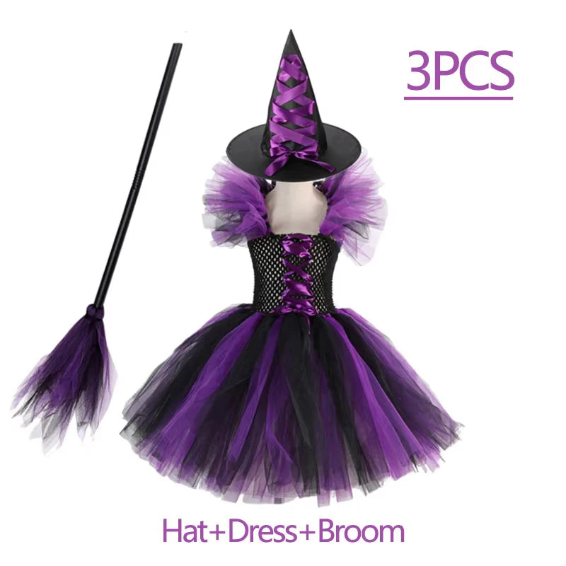 Fantasia de Bruxa para Meninas, Vestido de Tule em 3 Cores com Chapéu Pontudo, Fantasia de Carnaval para Crianças