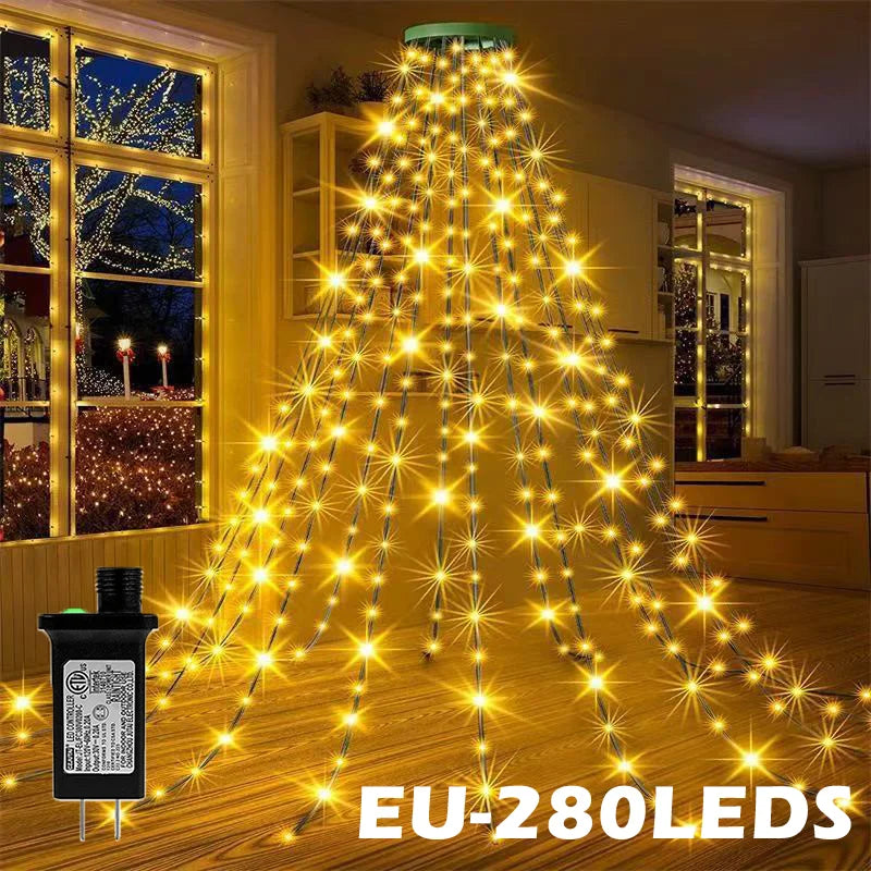 Led árvore de natal luz corda cachoeira estrela luzes ao ar livre multicolorido para jardim quintal festa de casamento árvore de natal decoração superior