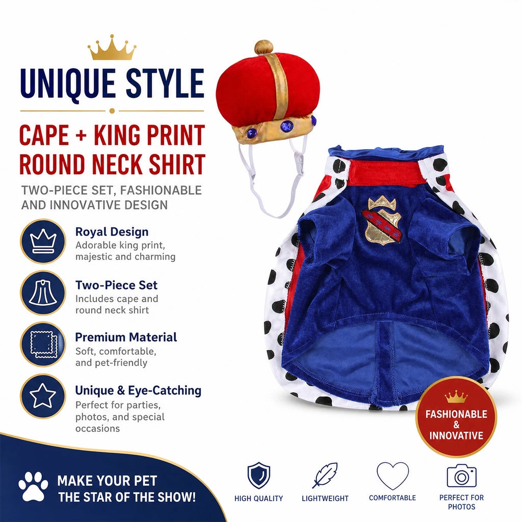 Fantasia de Rei para Animais de Estimação, Conjunto de Capa e Coroa de Pelúcia, Roupa Macia para Cães com Velcro, Roupa de Festa de Halloween para Cães e Gatos, Fofa