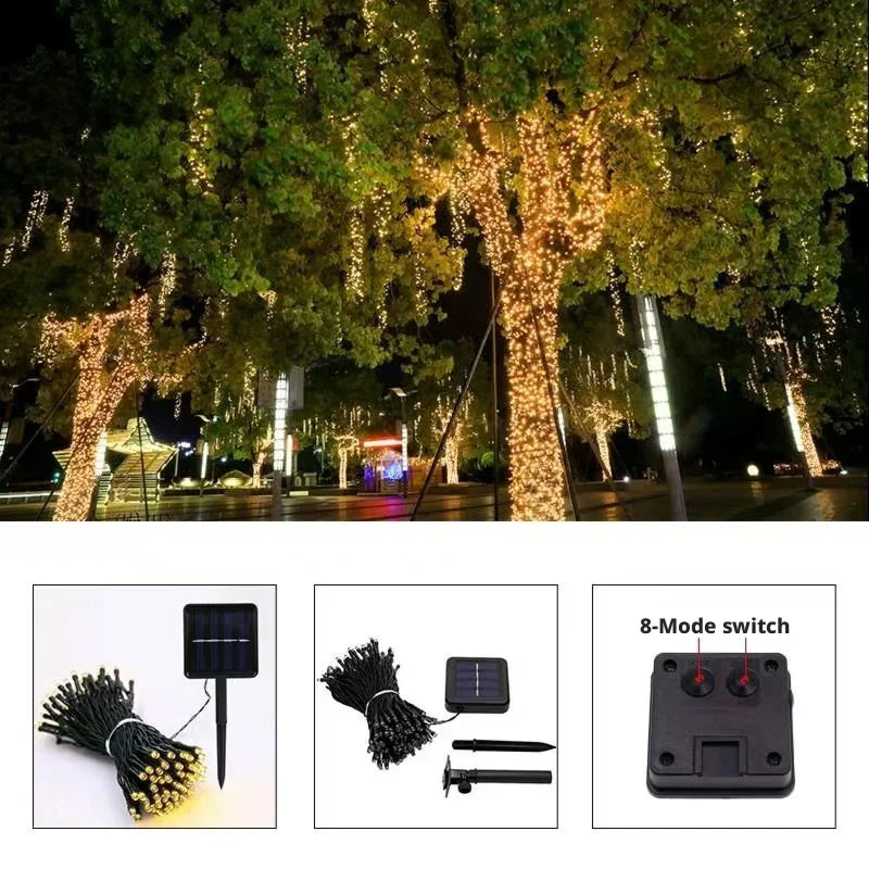 Luzes de Cordão Solares LED 300LED 8 Modos à Prova d'Água Luzes de Fada Alimentadas por Energia Solar para Decoração de Natal ao Ar Livre Lâmpada Estrelada