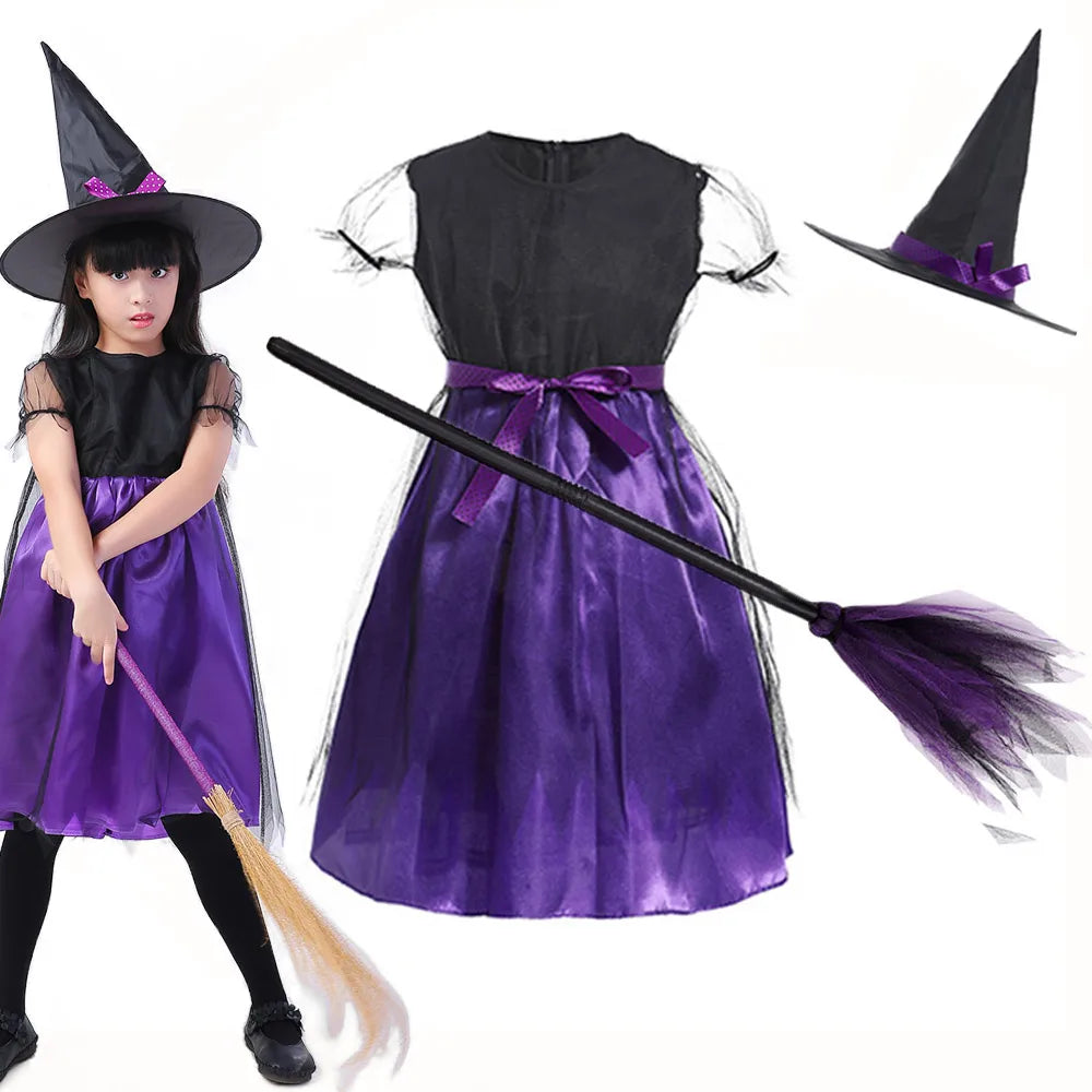 Fato de bruxa até o joelho para meninas, vestido de Halloween, roupa de cosplay malvada, manto de criança disfarçado de mago, todo o dia do santo, 1-12 anos