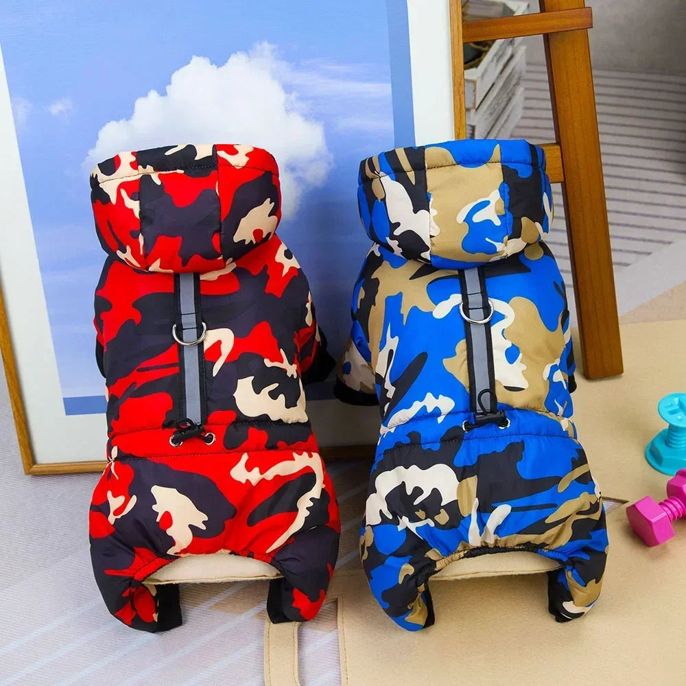 Casaco de cachorro quente espessado, 4 pernas, camuflagem, roupas para Yorkies malteses, snowsuit, cães pequenos, casacos de gato, buldogue Onesies, inverno