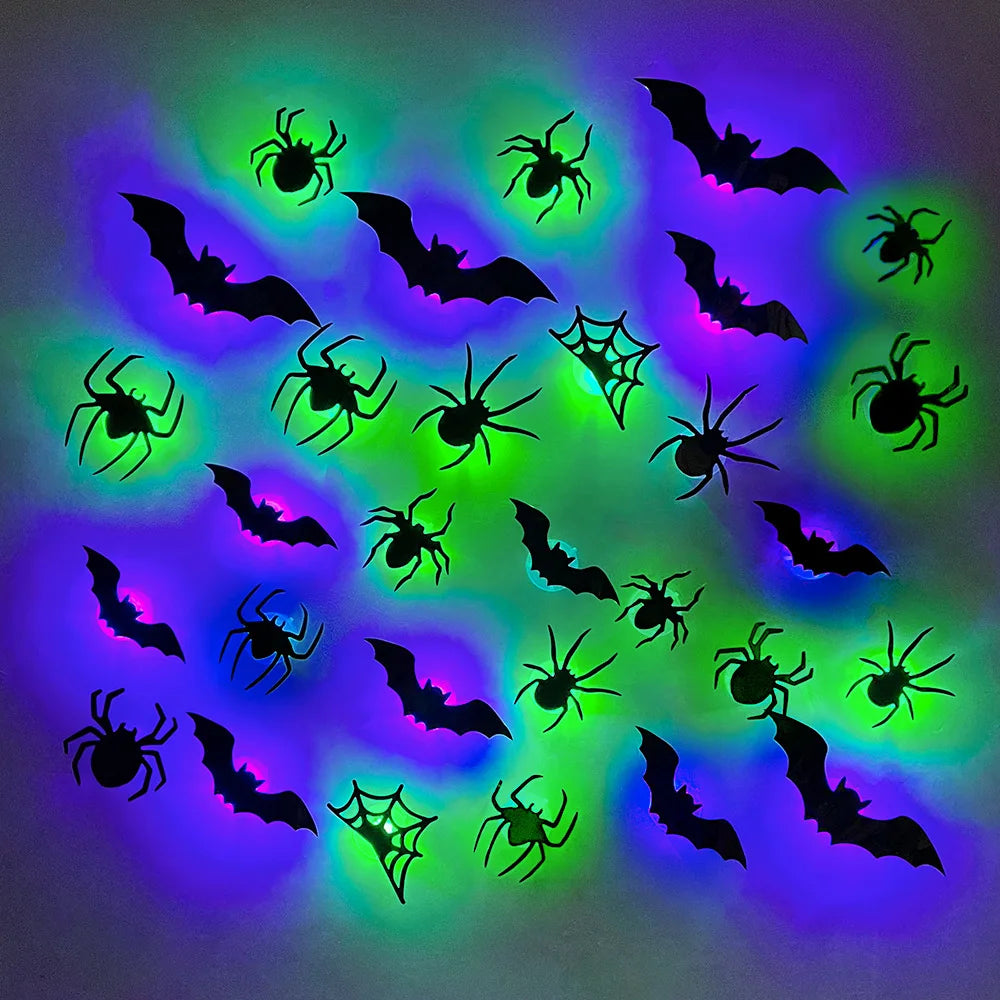 Halloween led morcegos aranha decoração brilho no escuro 3d adesivos de parede roxo/verde luzes para interior ao ar livre festa de halloween assustadores