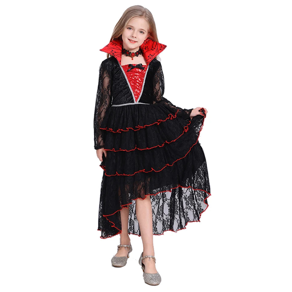 Vestido clássico de bruxa preta para meninas, fantasia de halloween com chapéu pontudo e acessórios de vassoura, fantasia de bruxa elegante para meninas