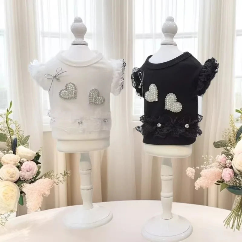 Roupas para animais de estimação para cães e gatos pequenos, blusa de renda com manga bufante, saia jeans, roupa diária fofa para cachorrinhos e gatinhos