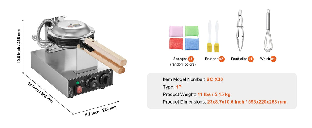 SucceBuy Máquina comercial de waffle com bolhas de ovo 1400W antiaderente em aço inoxidável com 180 °   2 panelas giratórias e alças de madeira