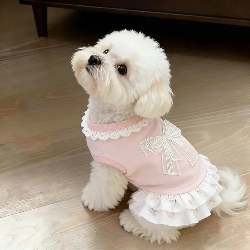 Vestido de Primavera/Verão para Pets, Fino, Rosa, com Laço, Saia Fofa, Roupa Respirável para Cães e Gatos Pequenos, Bichon, Schnauzer, Uso Diário