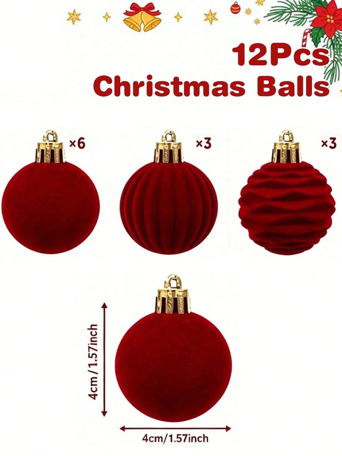 12 peças de enfeites de Natal em veludo para pendurar na árvore, decorações de Natal, bolas de Natal em tom bordô, decoração natalina.