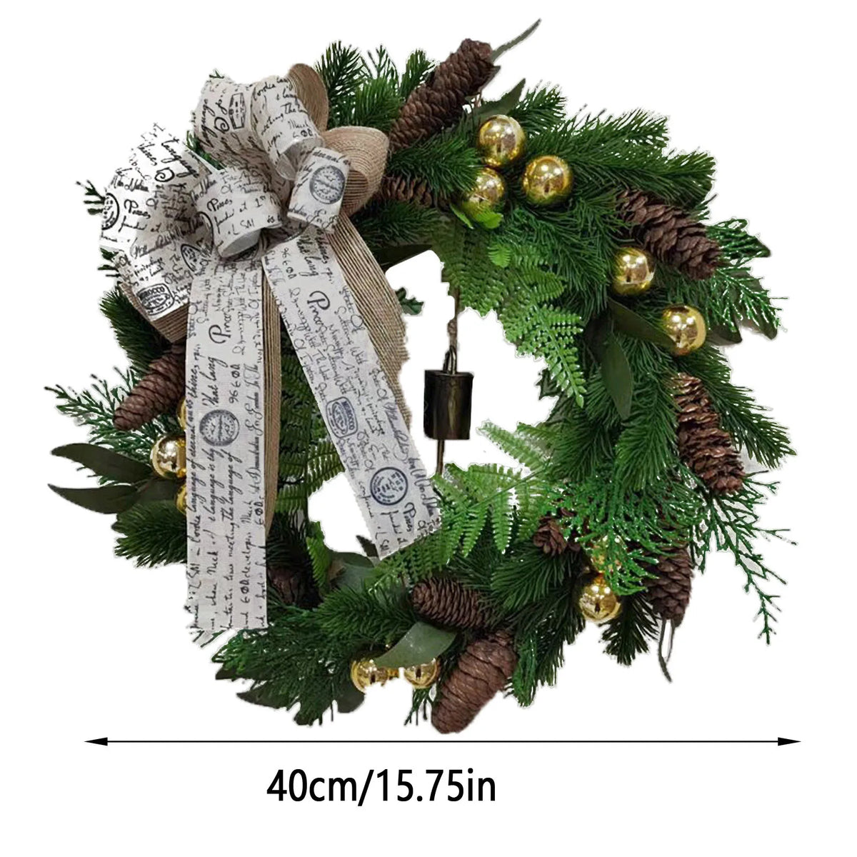 Guirlanda de Natal, Decorações de Natal, Guirlanda Artificial com Sino, Laço e Samambaia para Porta da Frente, Decoração para a Época Festiva, Placa de Boas-Vindas de Inverno T1