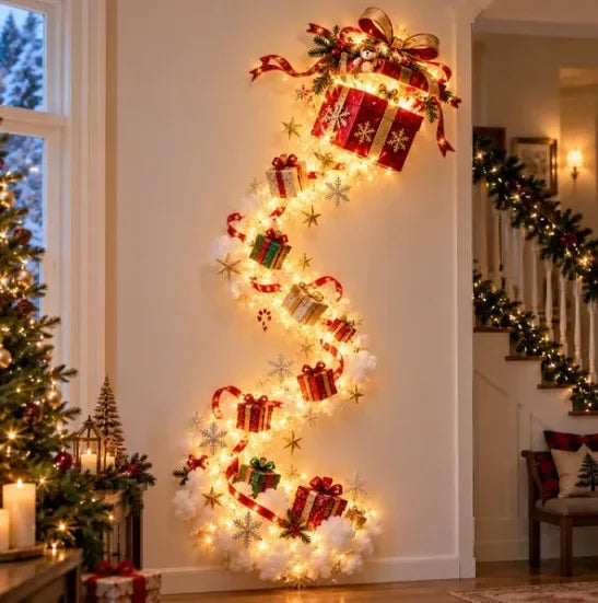 Decoração de parede natalina luminosa, luz de parede para casa, cena mágica de Natal, trenó do Papai Noel, renas, decoração natalina suspensa