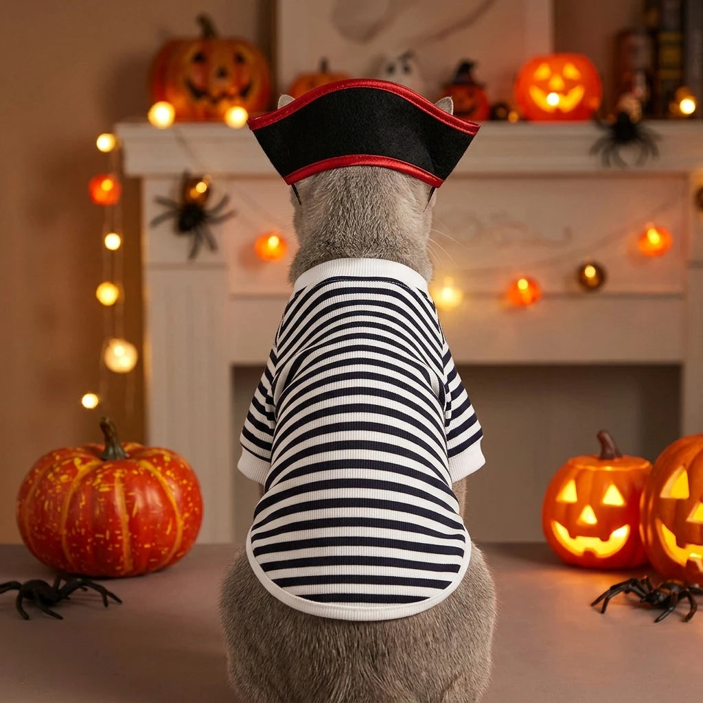 Conjunto de Fantasia de Pirata para Animais de Estimação com Chapéu de Caveira, Camiseta Listrada Preta e Branca para Cães e Gatos, Roupa de Cosplay Assustadora para Festas