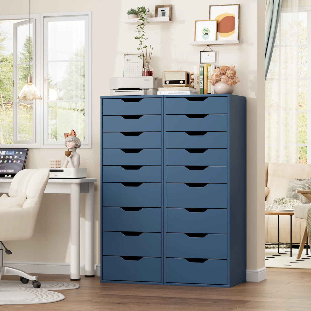 Getone Cômoda Quarto, Cômoda alta, Armário de armazenamento branco, Armário alto com 9 gavetas para sala de estar 124,3x45x40cm