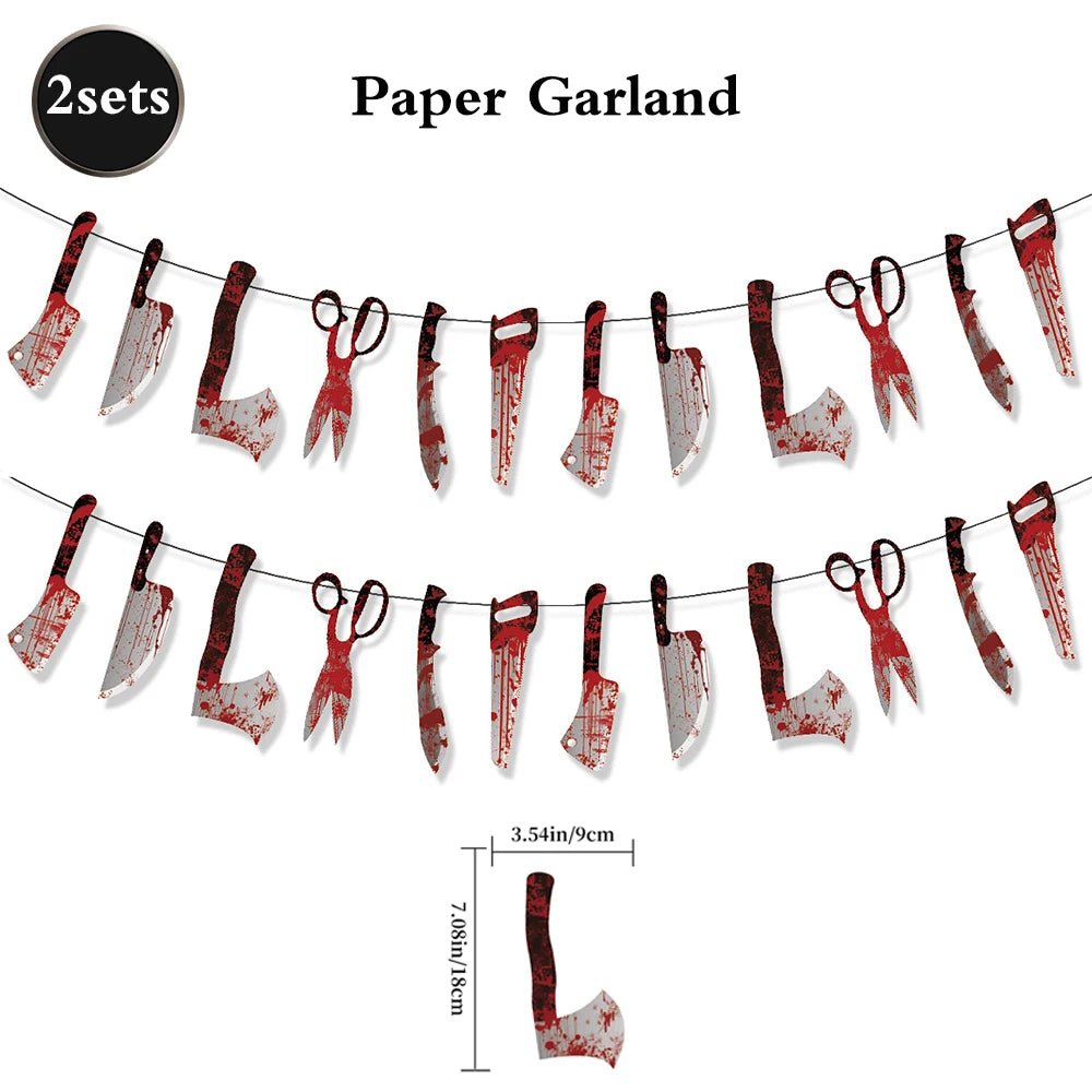 Decoração de festa de halloween feliz dia das bruxas banner sangrento açougueiro faca assassino ferramentas guirlanda de papel para horror decoração de casa assombrada - Kasa & Pet