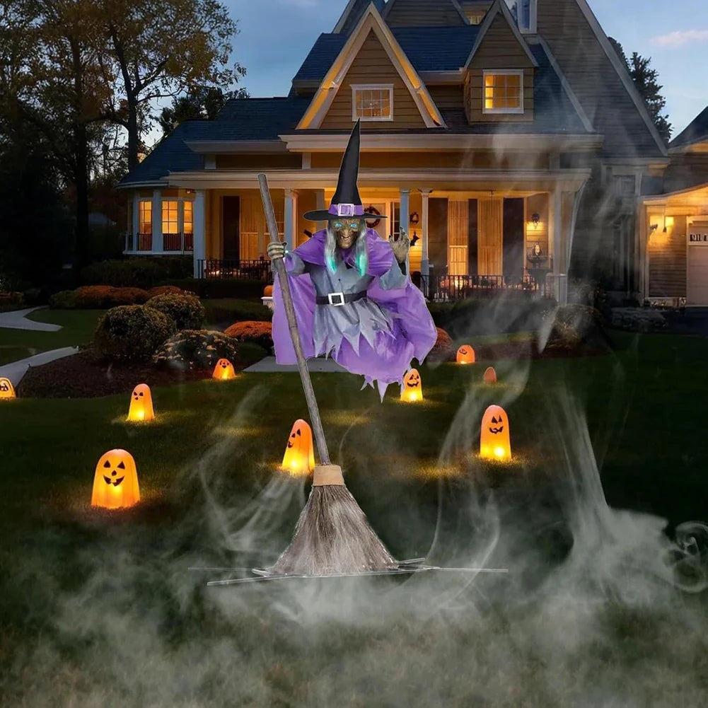 Decoração de Halloween: Bruxa Voadora com Sons e Luzes Assustadores – Fantasia Divertida de Bruxa Assustadora para Jardim, Quintal, Gramado e Ambientes Internos