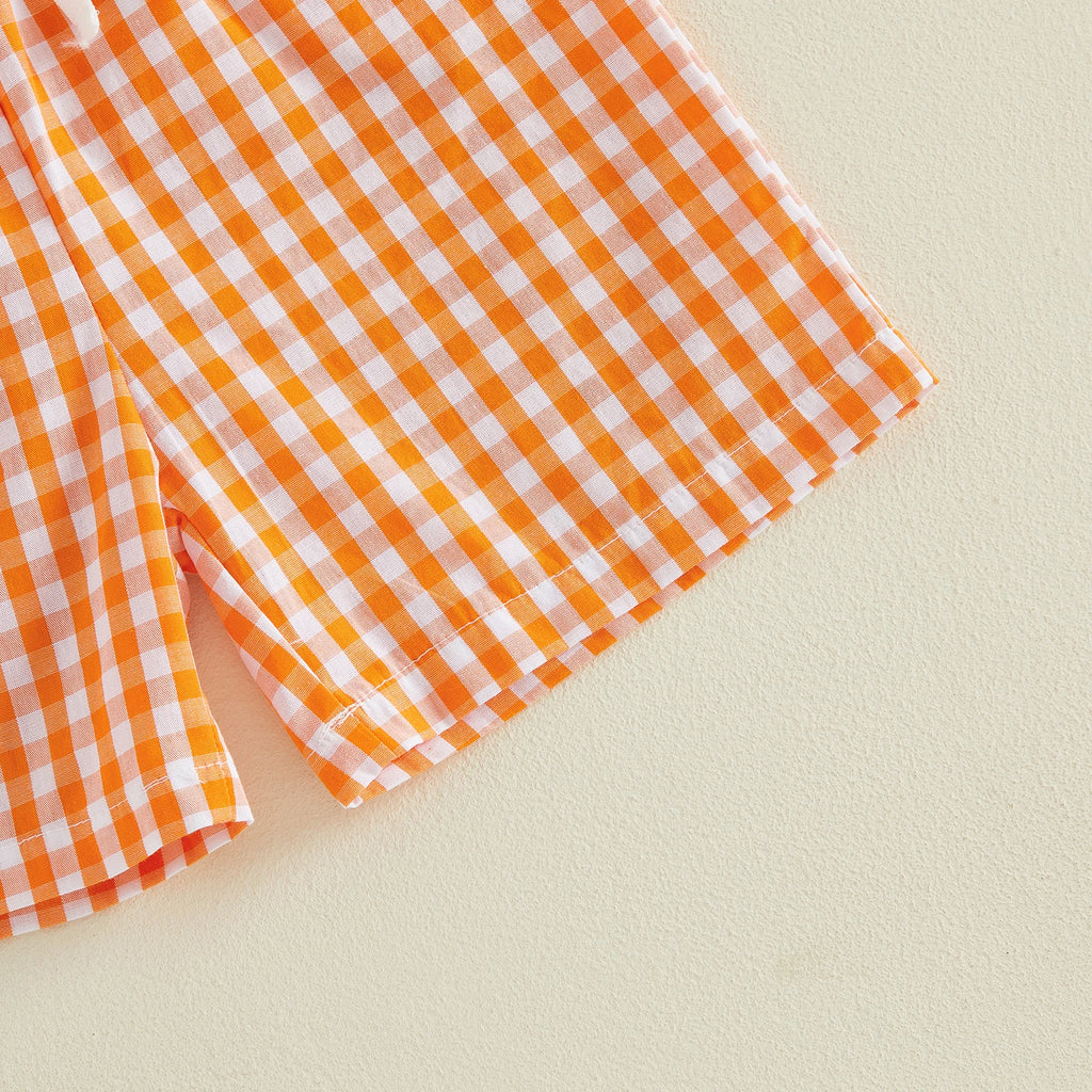 Citgeett Conjunto de roupas infantis de verão para Halloween, para bebês meninos, manga curta, bordado de abóbora, shorts xadrez