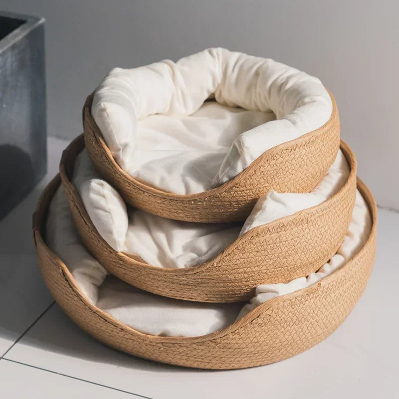 Cama para animais de estimação, canil macio para gatos, sofá, tecelagem de bambu, quatro estações, cestas de ninho aconchegantes, à prova d'água, almofada removível, saco de dormir