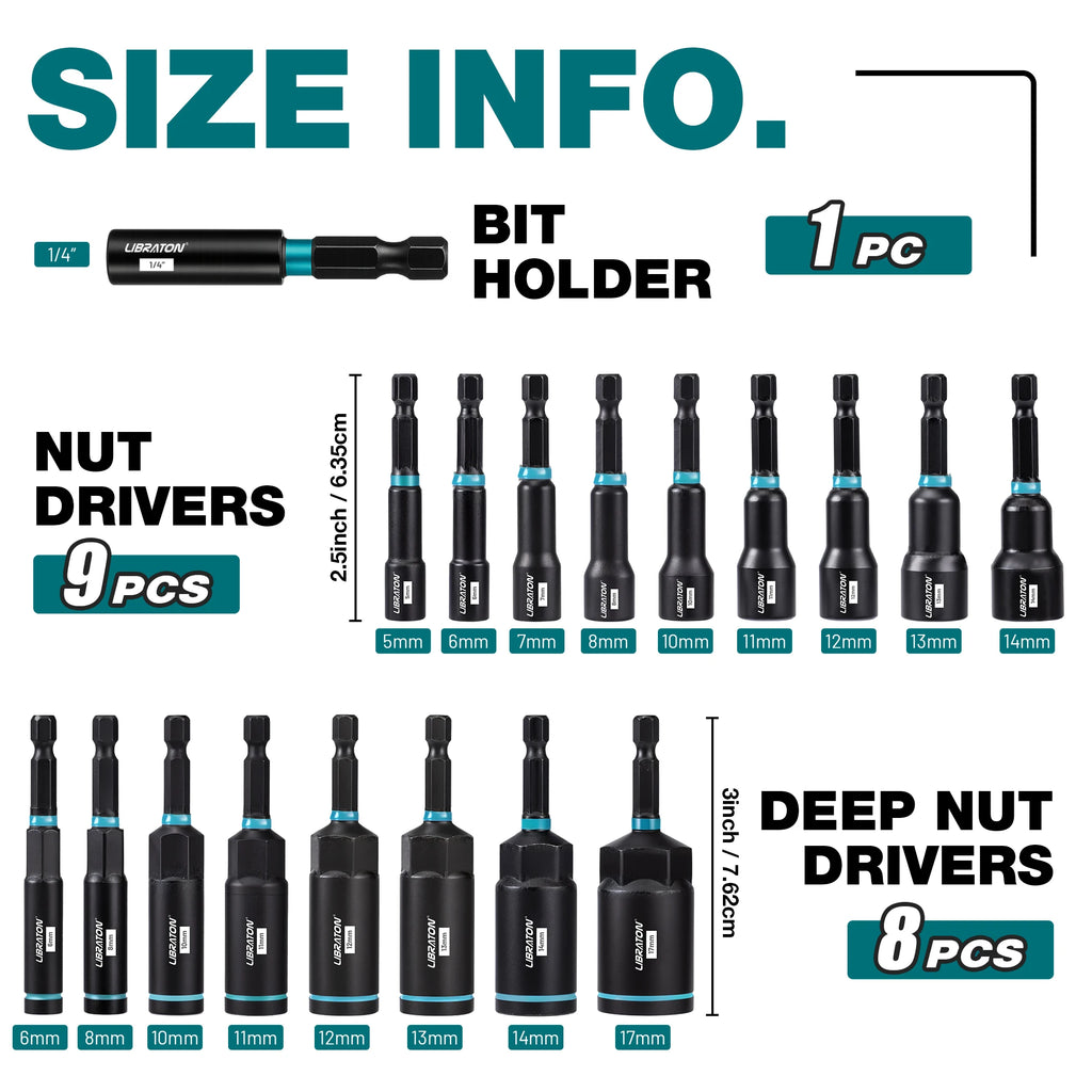 16/18 pçs conjunto de driver de porca magnética sae/conjunto de driver de porca de impacto métrico 1/4 "hex shank porca driver bit conjunto para impacto broca porca driver
