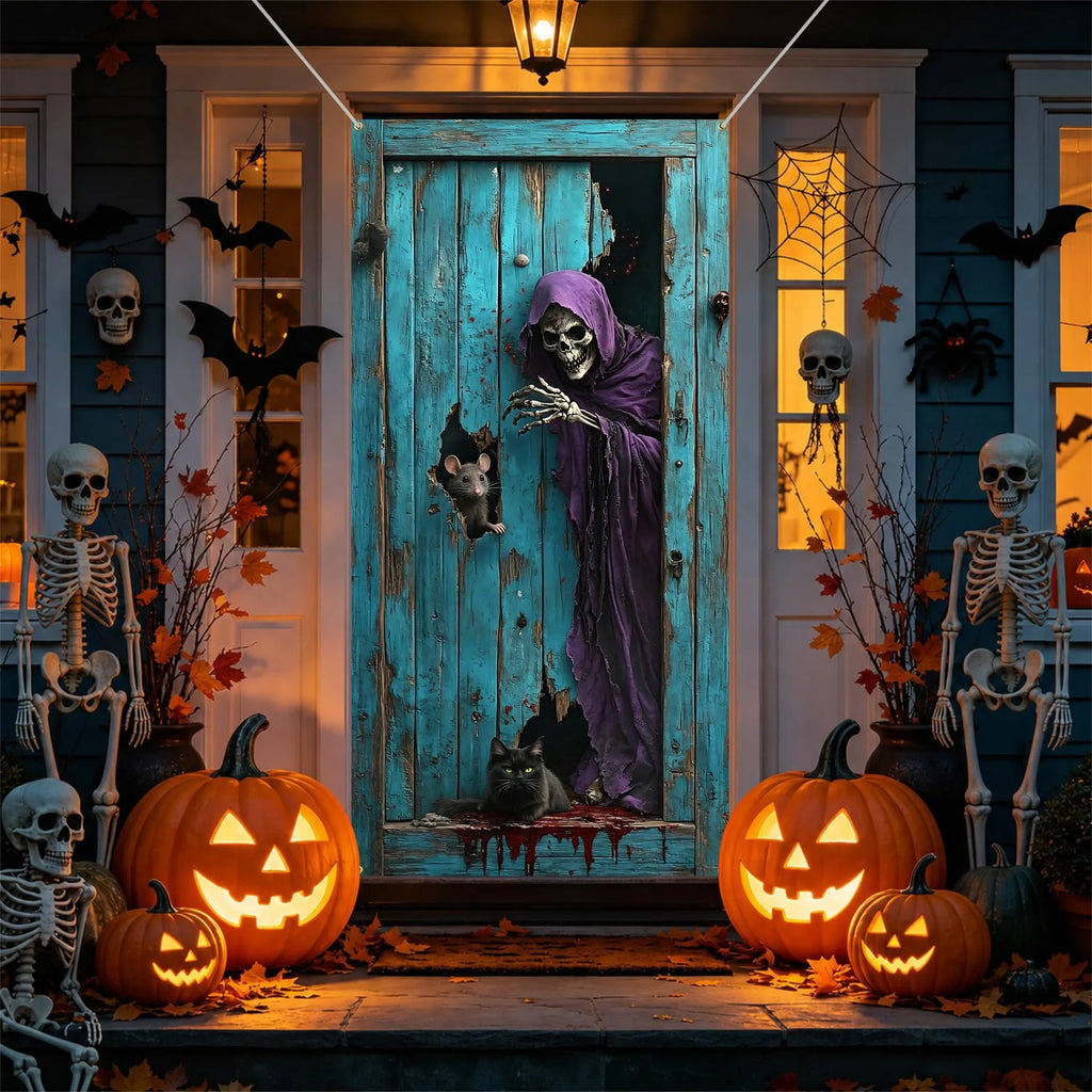 Capa de Porta de Halloween: Cenário Assustador de Esqueleto Ceifador para Decoração de Entrada de Casa Assombrada, Suprimentos para Banner de Festa Temática de Terror